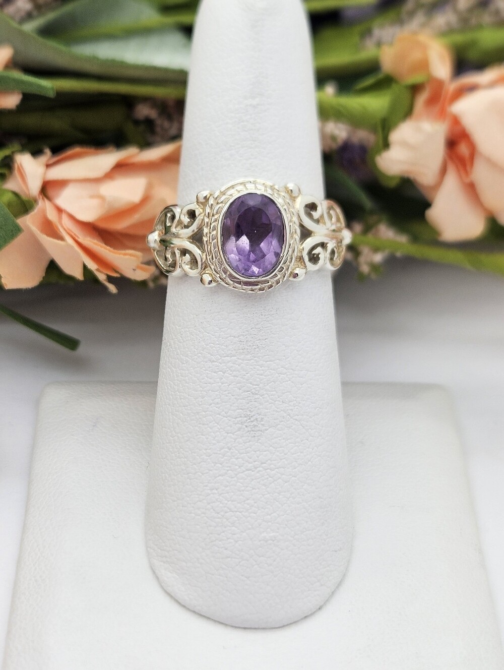 Amethyst Sterling Silver Scroll Ring